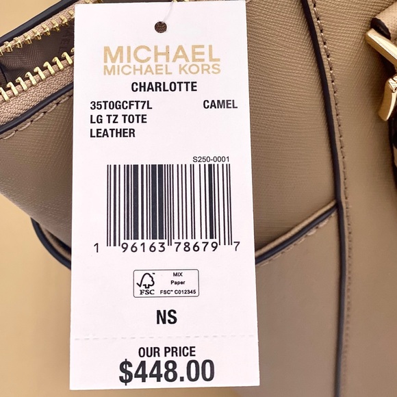 MICHAEL KORS CHARLOTTE
LARGE TOP ZIP TOTE SHOULDER BAG CAMEL COLOR - Picture 11 of 11